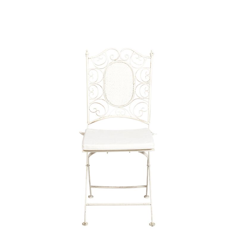 Chaise Chantilly vintage blanche en fer forgé avec coussin écru