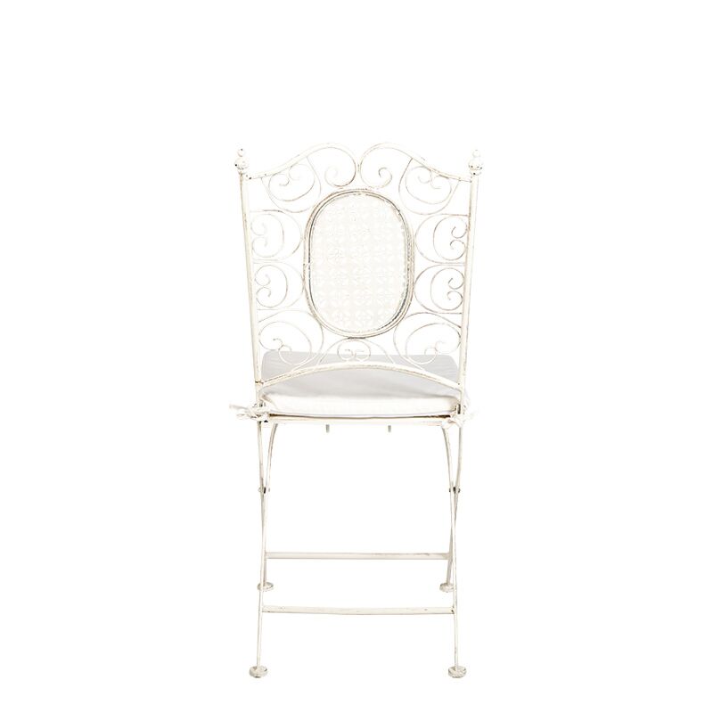 Chaise Chantilly vintage blanche en fer forgé avec coussin écru