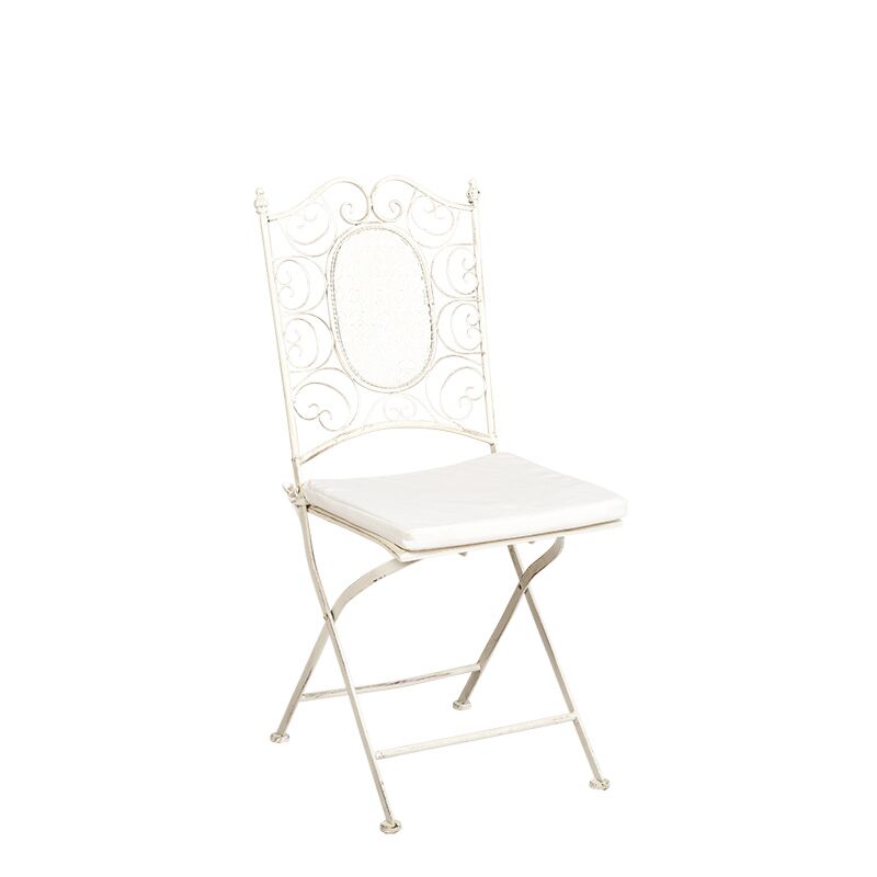 Chaise Chantilly vintage blanche en fer forgé avec coussin écru