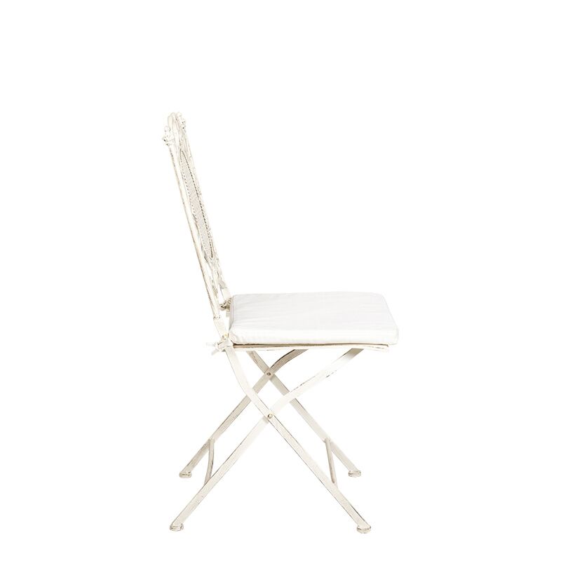 Chaise Chantilly vintage blanche en fer forgé avec coussin écru