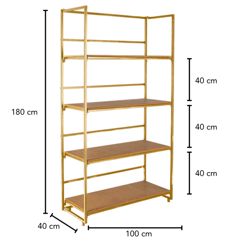 Etagère dorée et bois 40 x 100 cm H 180 cm