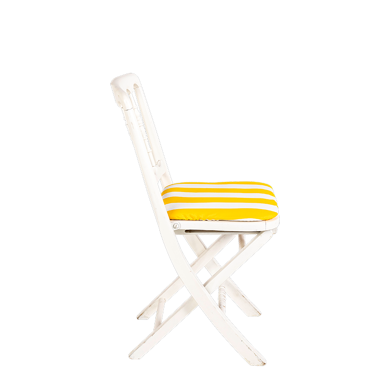 Chaise Napoléon III blanche pliante avec galette rayée jaune