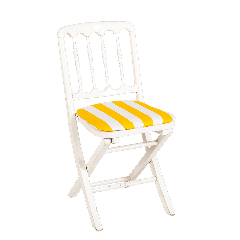 Chaise Napoléon III blanche pliante avec galette rayée jaune