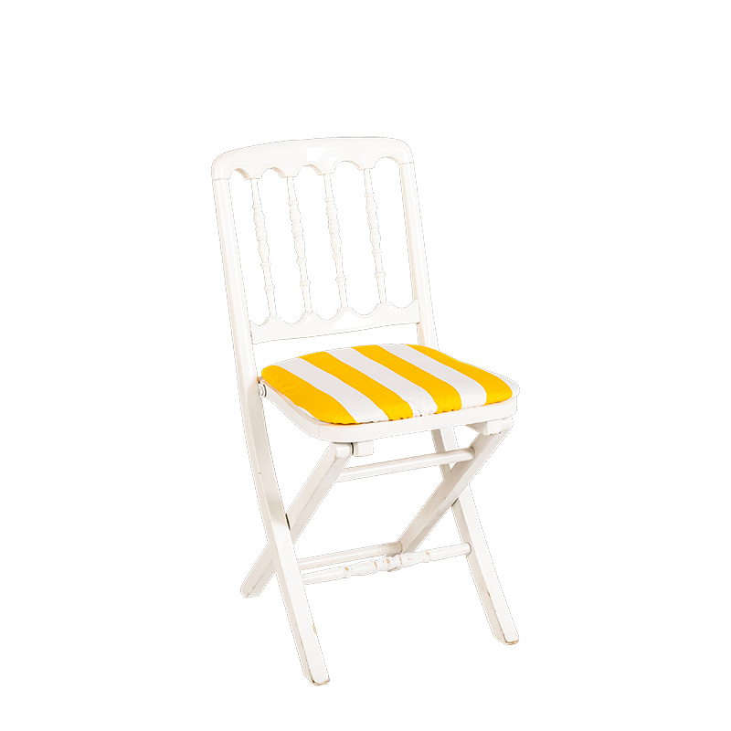 Chaise Napoléon III blanche pliante avec galette rayée jaune