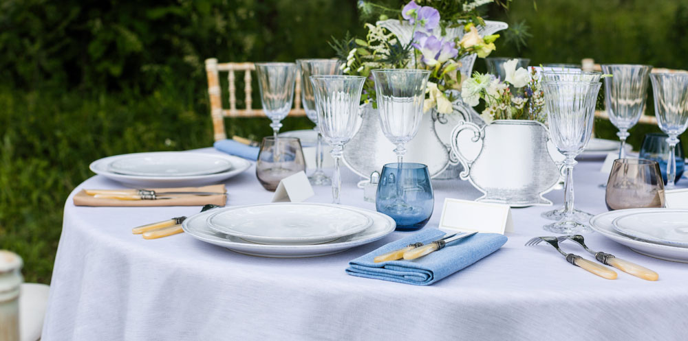 table de mariage, bleu, nappe lin