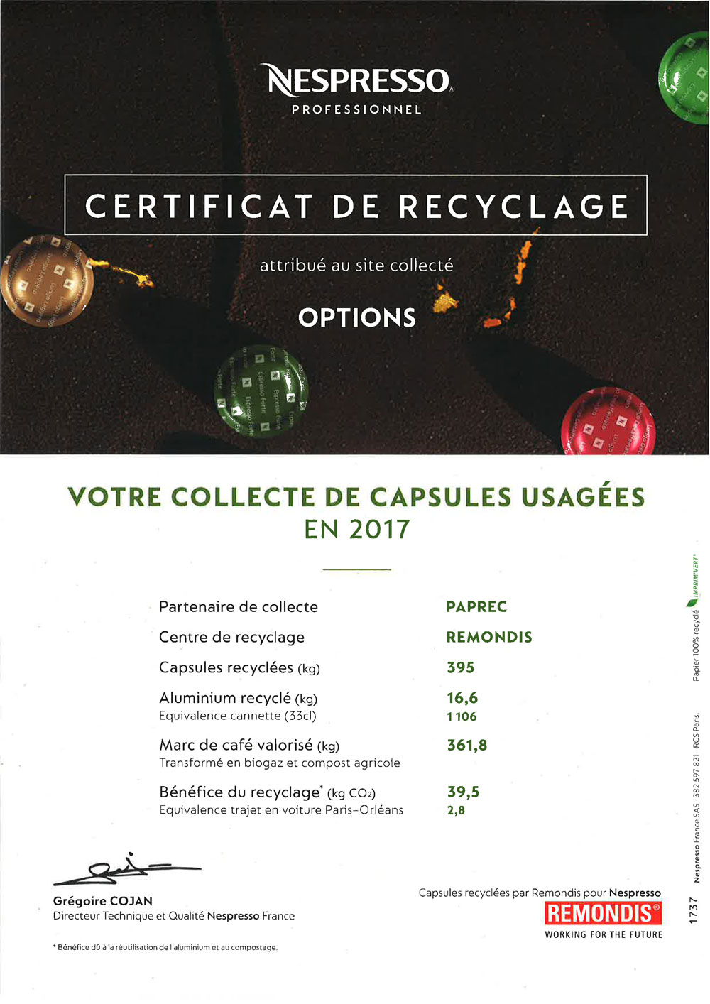 Certificat de recyclage Nespresso